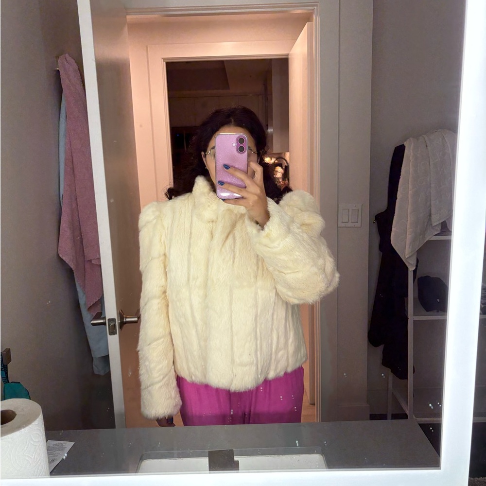 Elegant Cream Real Rabbit Fur Jacket